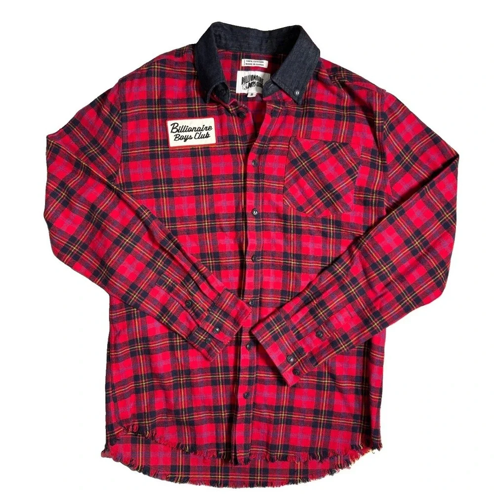 Billionaire Boys Club Logo Checked Red Flannel Overshirt Jacket Raw Mens Medium